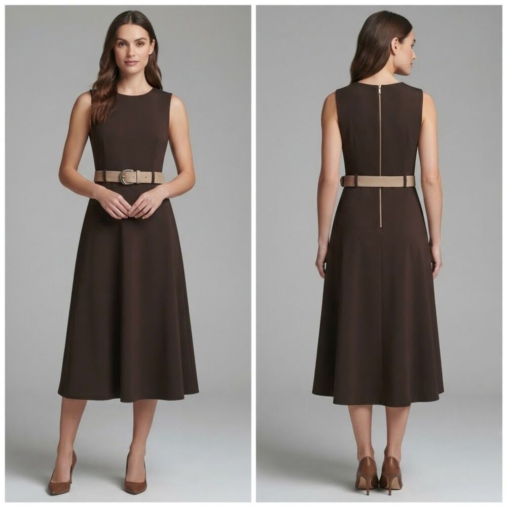 Calvin Klein Dark Brown Sleeveless Belted Midi Dress with Gold Back Zip 8 NWT